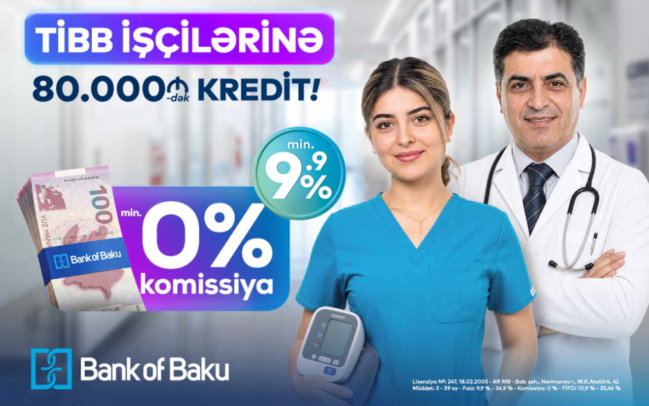 Bank of Baku-da səhiyyə işçilərinə özəl fürsət var - 80.000 AZN-dək kredit 0 % KOMİSSİYA ilə